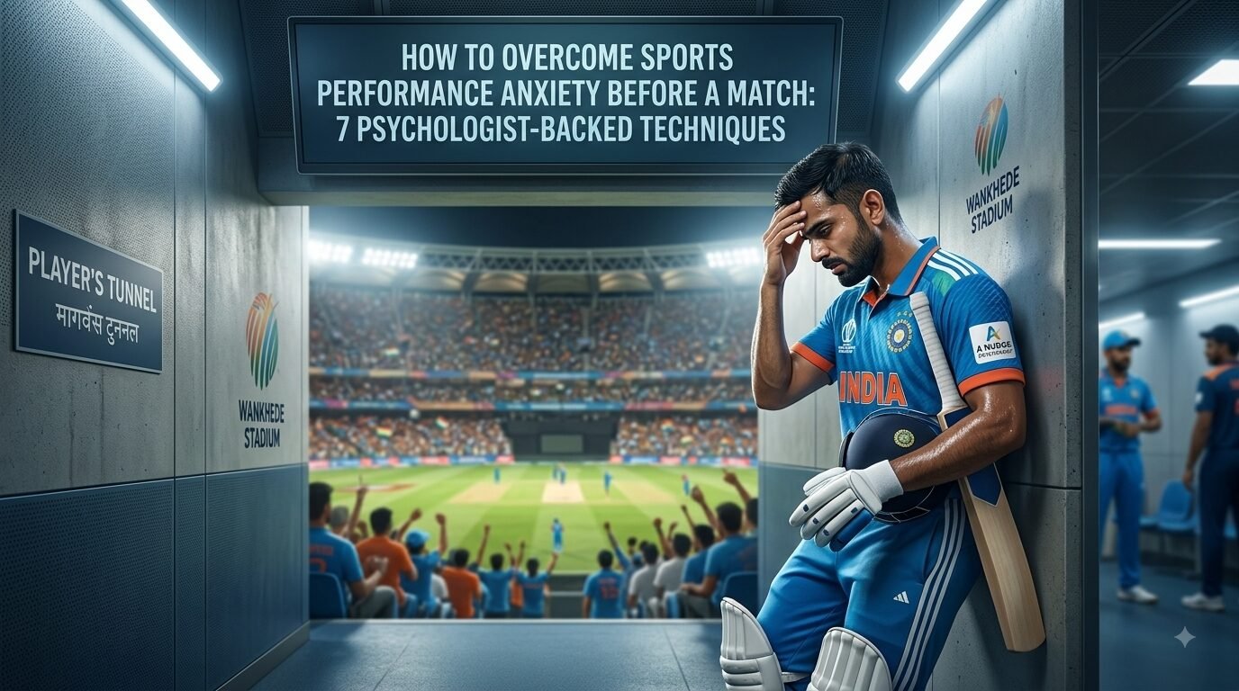 Athlete using breathing techniques to overcome sports performance anxiety before a match